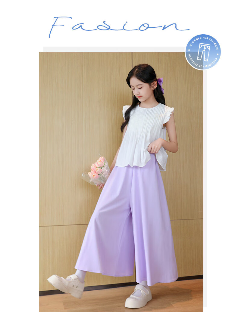Moonkids Girls Short Sleeve Set Summer 2026 New Stylish Children's Dress Ice Silk Summer Big Kids Skirt and Pants Two-Piece 13